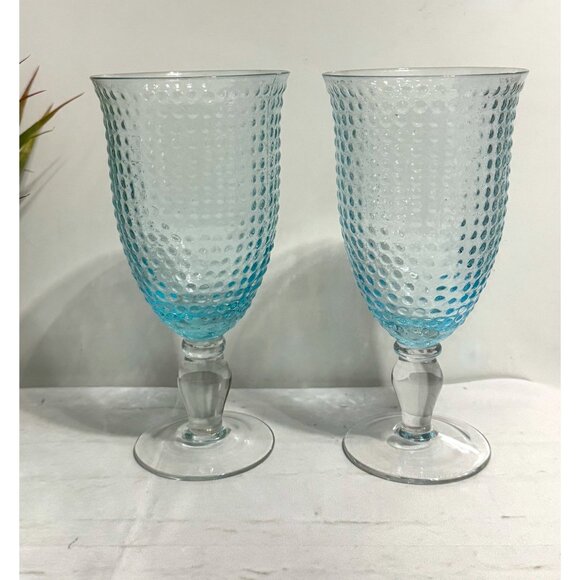 Textured Turquoise Blue Hobnail Glass Goblets Set Of 2 With Clear Stems - Picture 4 of 5